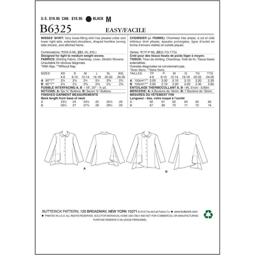Butterick Sewing Pattern 6325 Shirt Top Blouse Misses Size XS-M‎